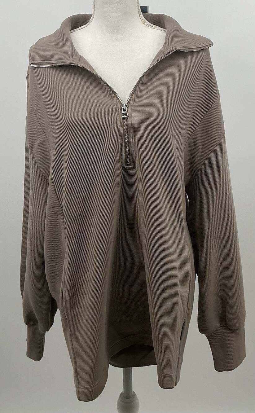 Varley Vine Half Zip Sweatshirt Women's L Taupe Ottoman Rib Oversized NWOT $158